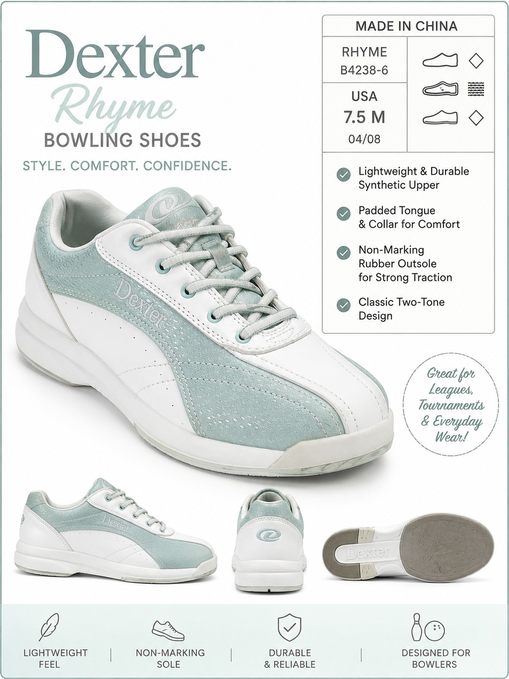 Dexter Rhyme Women's Bowling Shoes | Mint & White | US Size 7.5M